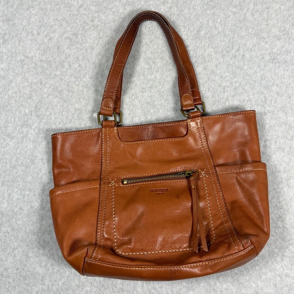 Margot New York Leather Tote Bag Cognac Brown Pebbled Everyday Boho Casual Chic